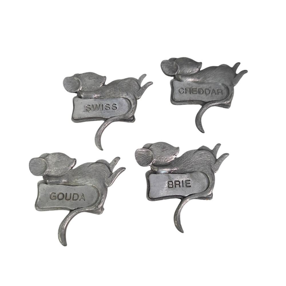 Vtg Set 4 Pewter Mouse Cheese Markers Brie Gouda Swiss Cheddar Charcuterie